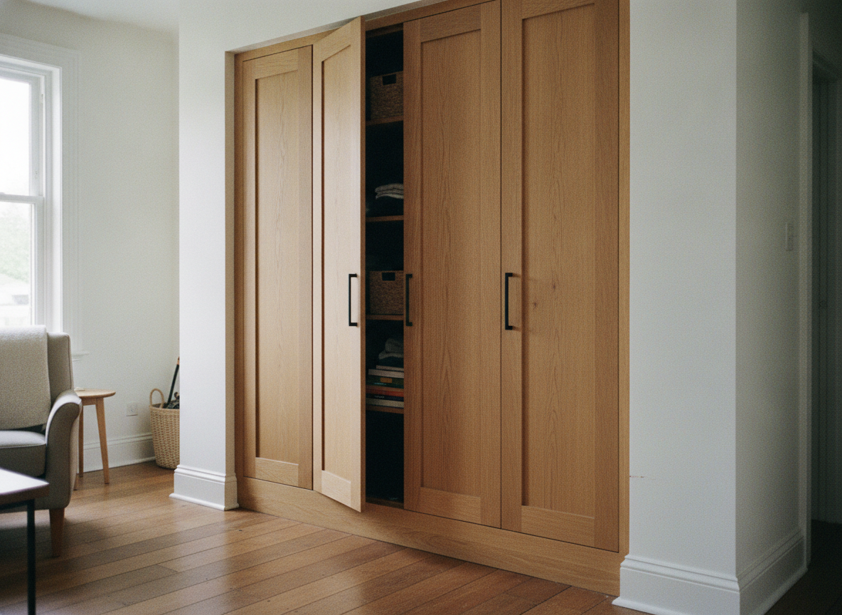 Ein fertig eingebauter Einbauschrank aus Eiche in einem Wohnraum